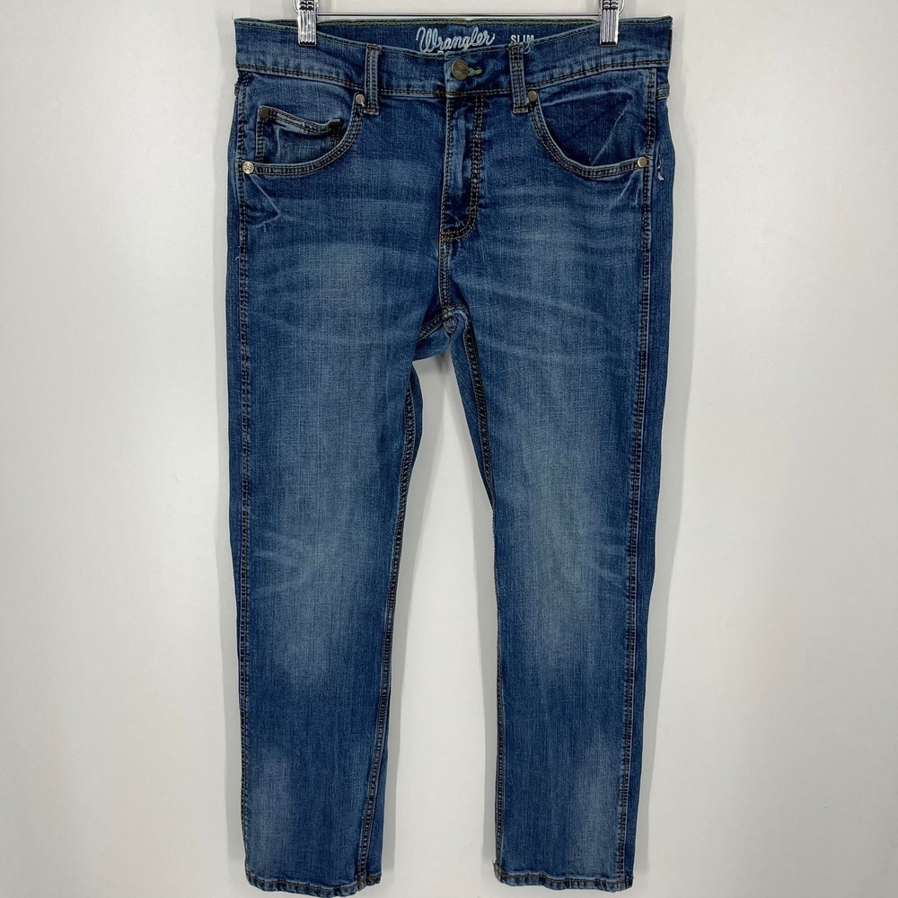 Wrangler Retro Slim Straight Mens Jeans Medium Wash Distressed Size 32